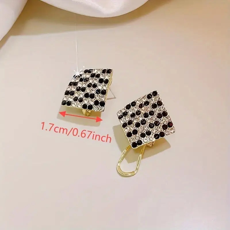 Square Black and White Rhinestone Earrings for Women, All-Season Wear, Perfect for Daily & Party Use