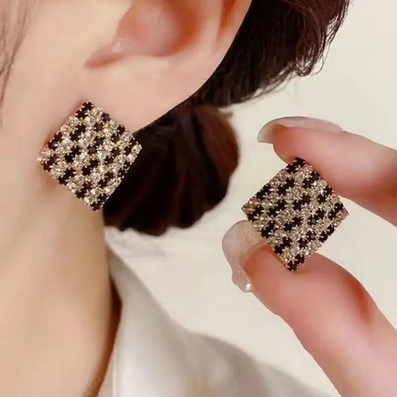 Square Black and White Rhinestone Earrings for Women, All-Season Wear, Perfect for Daily & Party Use