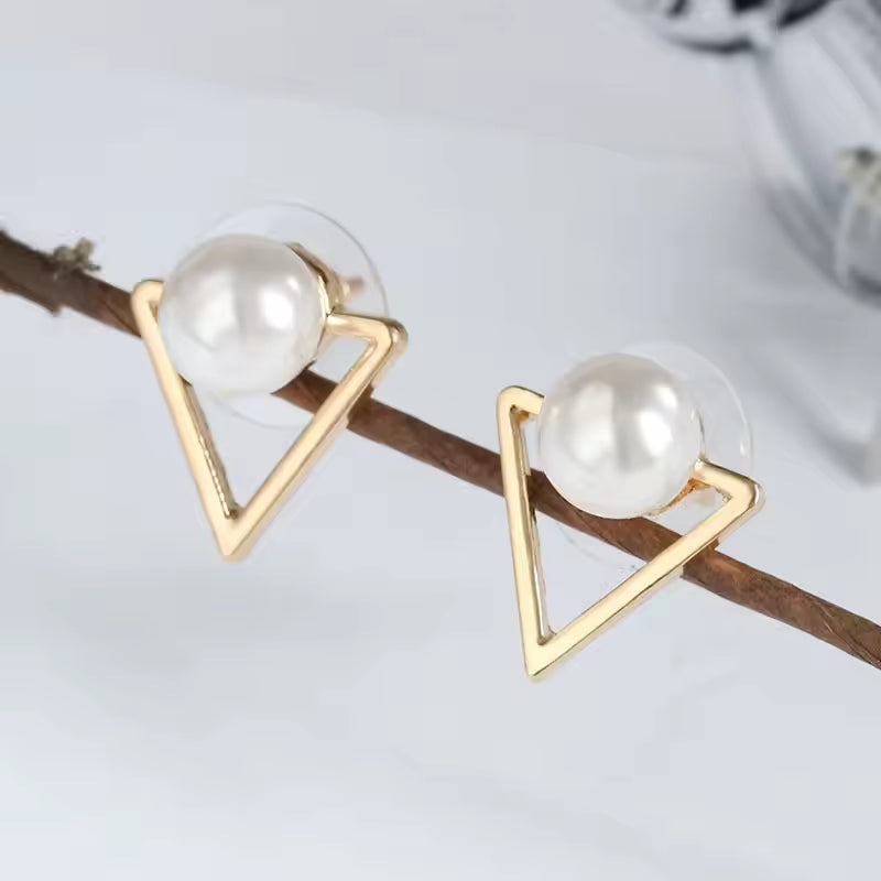 Women Stud Gold Triangle Pearl Earrings