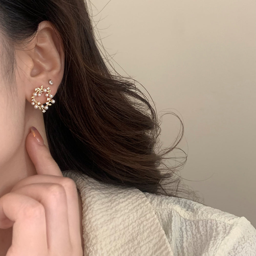 Golden Pearl Leaf Stud Earrings
