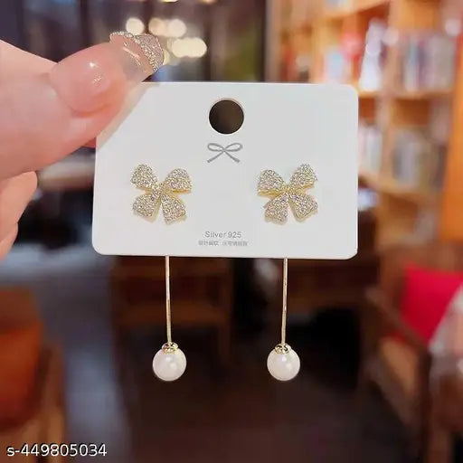 Elegant Gold Bow Pearl Dangle Korean Earrings – Stylish Long Drop Earring