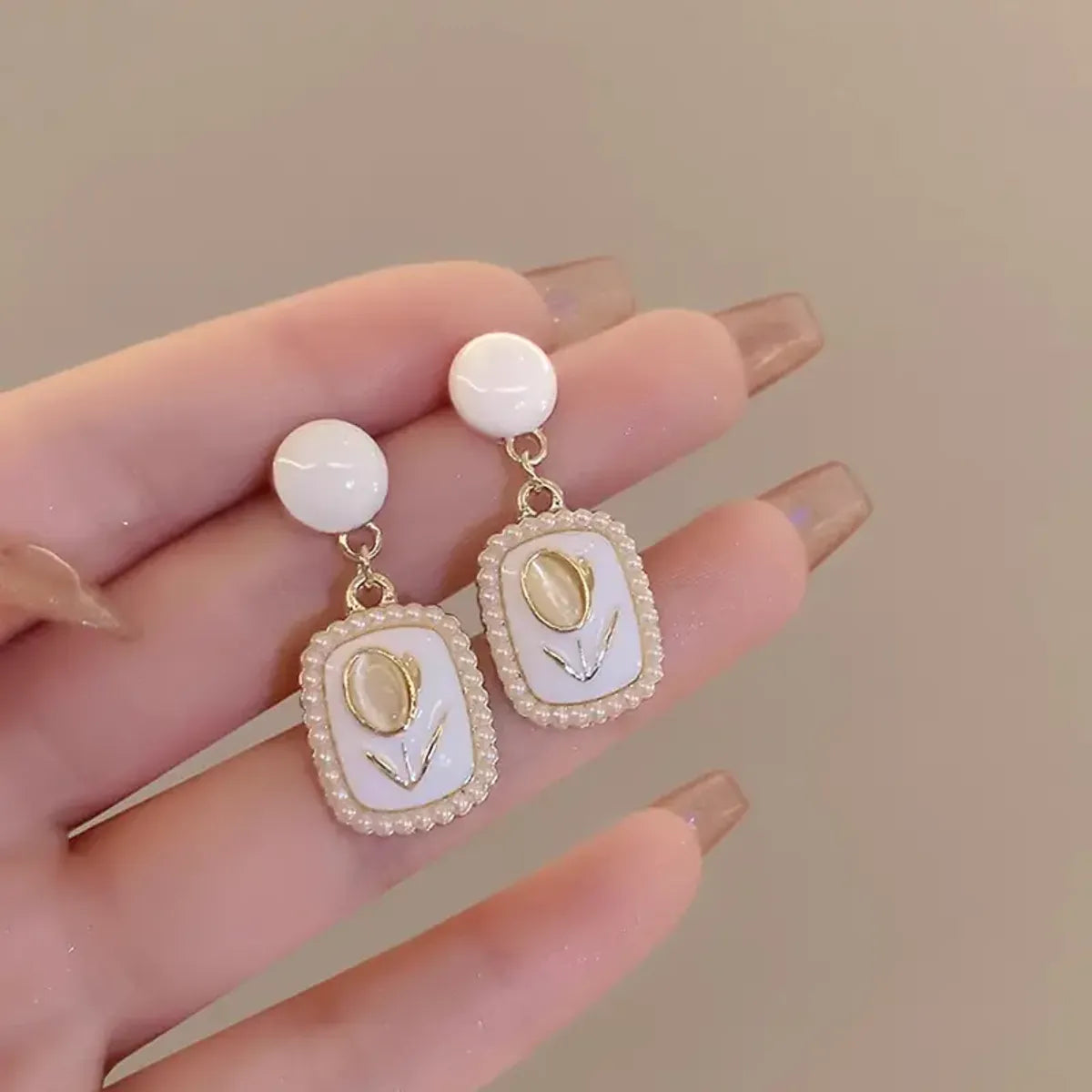 Stone Tulip Maroon Enamel Drop Korean Earrings Quartz Alloy Drops & Danglers