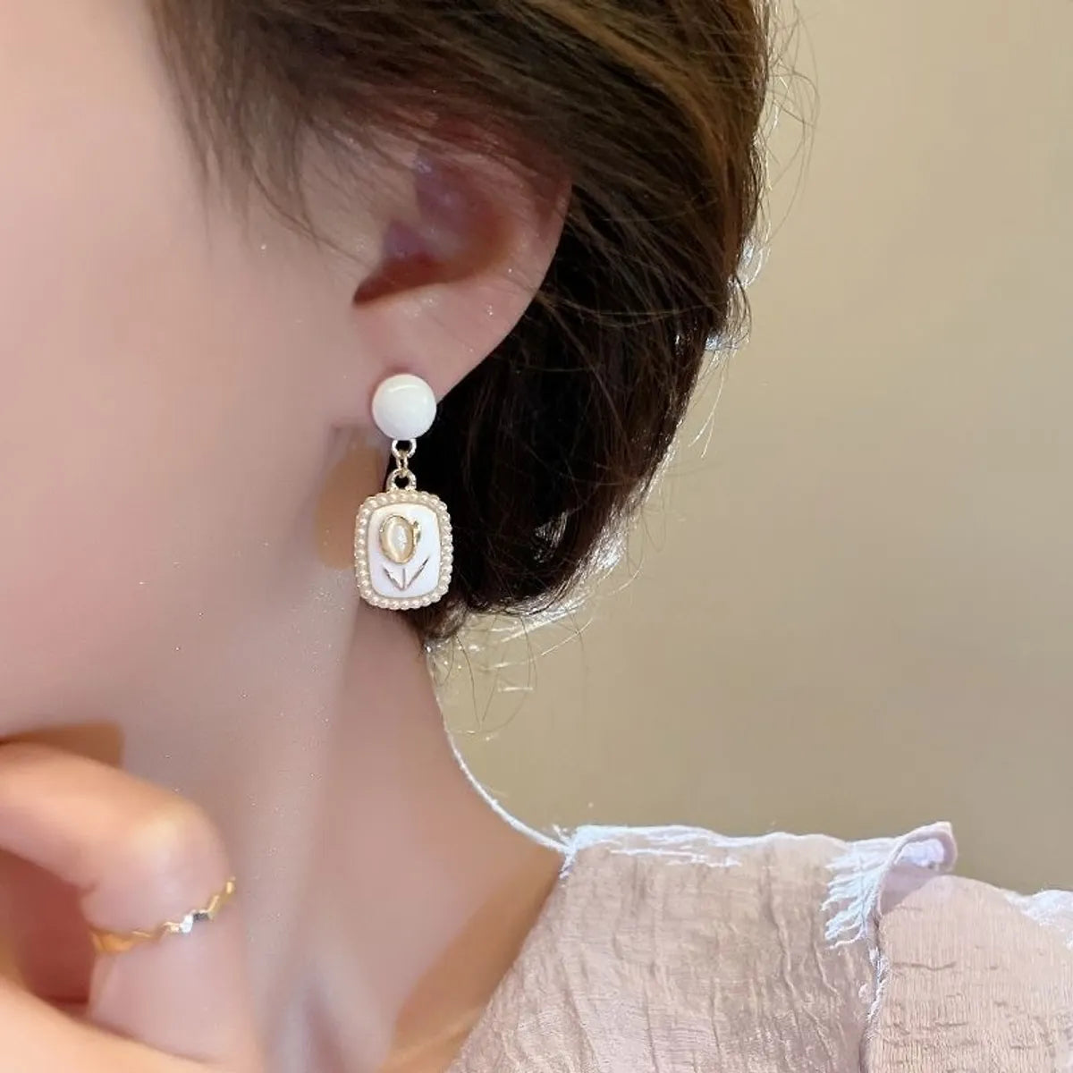 Stone Tulip Maroon Enamel Drop Korean Earrings Quartz Alloy Drops & Danglers