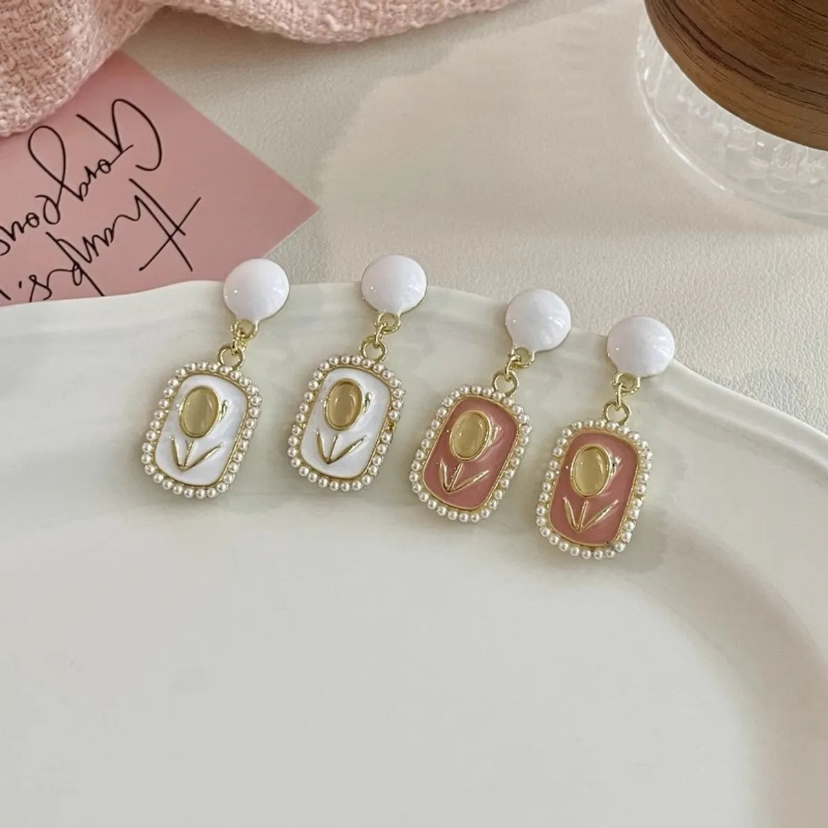 Stone Tulip Maroon Enamel Drop Korean Earrings Quartz Alloy Drops & Danglers