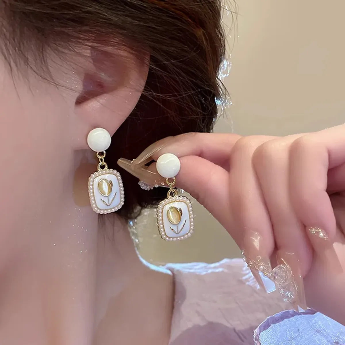 Stone Tulip Maroon Enamel Drop Korean Earrings Quartz Alloy Drops & Danglers