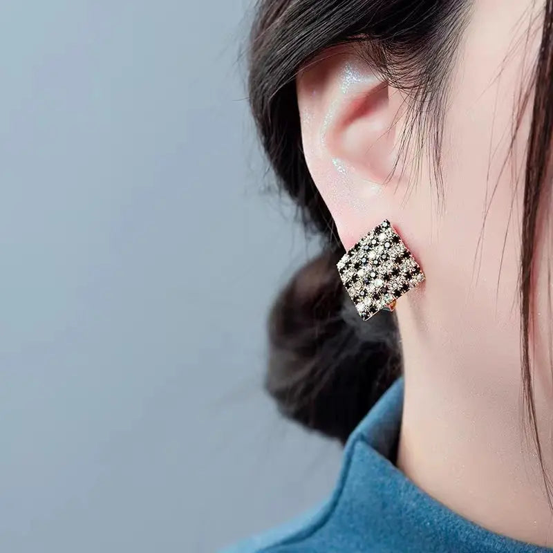 Square Black and White Rhinestone Earrings for Women, All-Season Wear, Perfect for Daily & Party Use