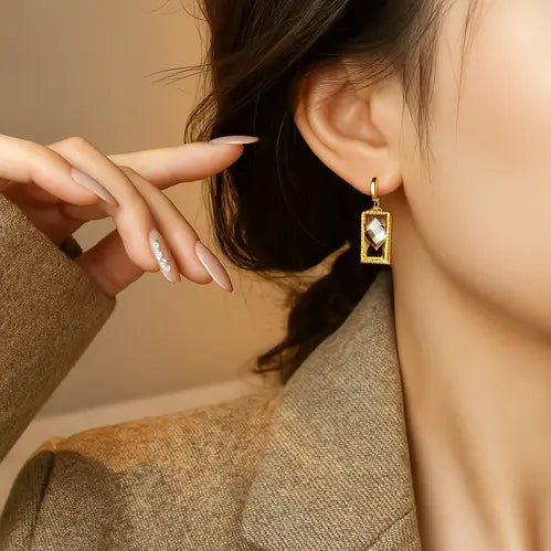 Double Square Chanel-Style Geometric Zircon Earrings