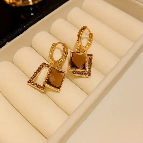 Double Square Chanel-Style Geometric Zircon Earrings