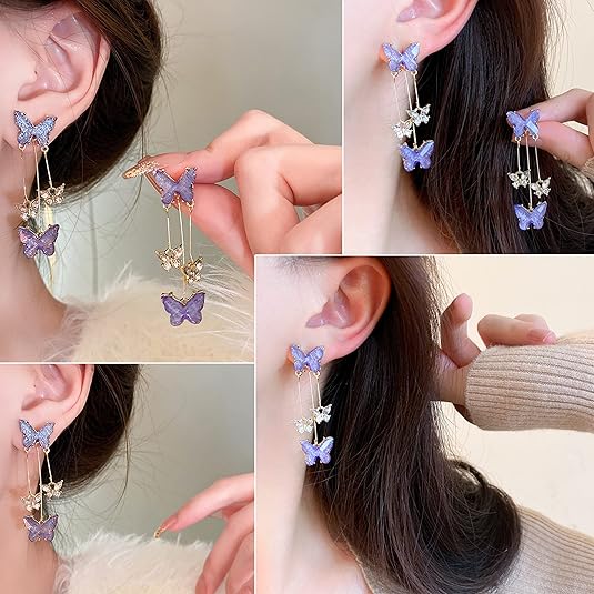 Purple Butterfly Tassel Style Zircon Earrings