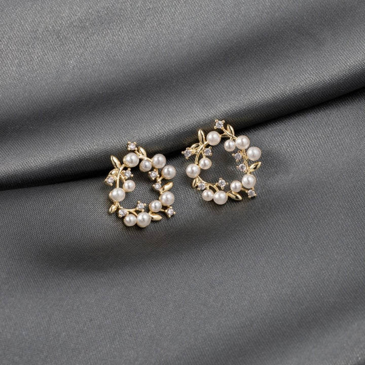 Golden Pearl Leaf Stud Earrings