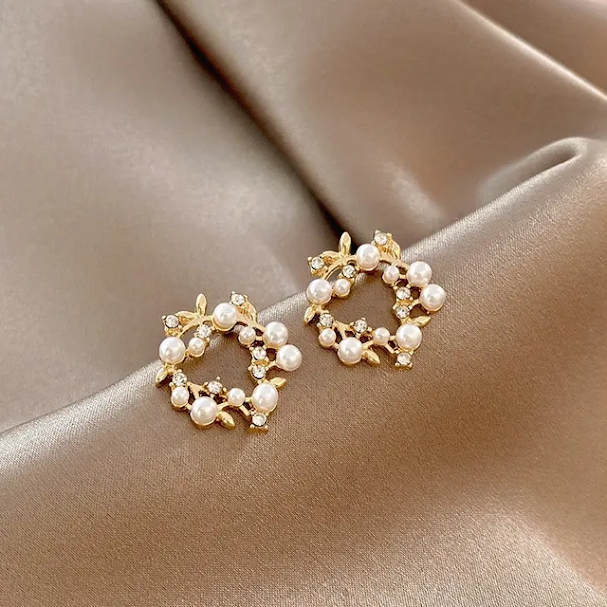 Golden Pearl Leaf Stud Earrings