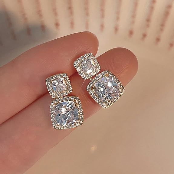 RHINESTONE EARRINGS FOR WOMEN KOREAN STYLE, CUBIC ZIRCONIA GOLD STUDS
