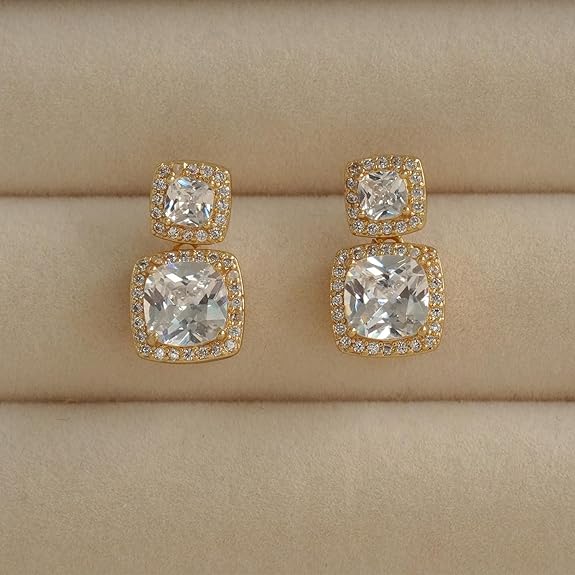 RHINESTONE EARRINGS FOR WOMEN KOREAN STYLE, CUBIC ZIRCONIA GOLD STUDS