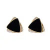 Korean Earrings: Gold Tone Black Drop Earrings with Double Square Crystal Accents
