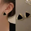 Korean Earrings: Gold Tone Black Drop Earrings with Double Square Crystal Accents