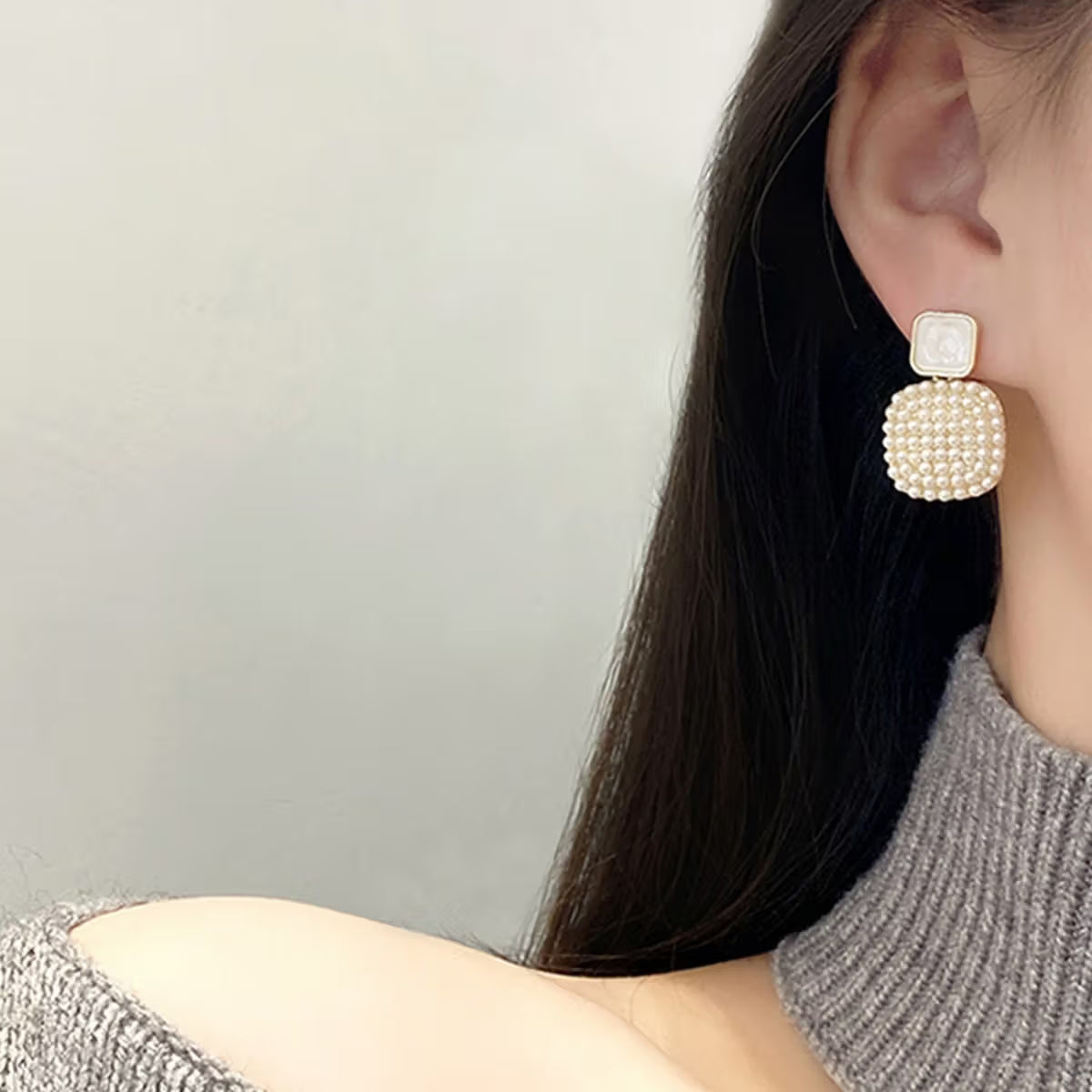 Pearl Studded Geometrical Drop Earrings