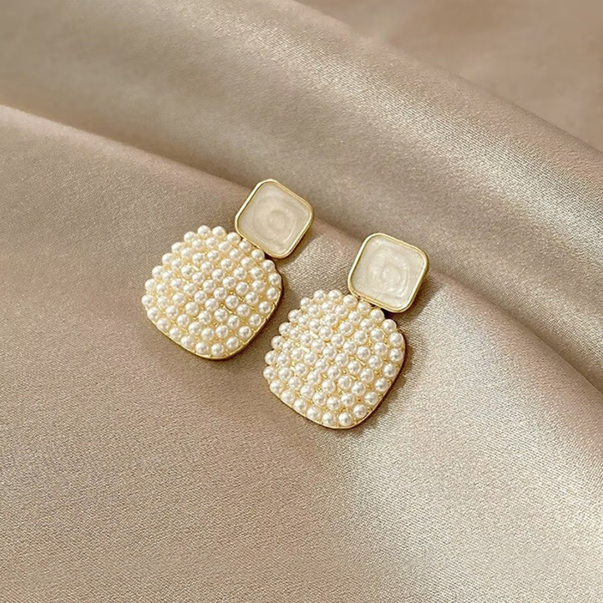 Pearl Studded Geometrical Drop Earrings