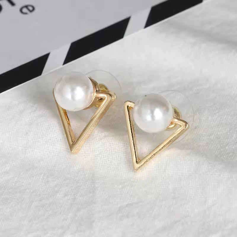Women Stud Gold Triangle Pearl Earrings