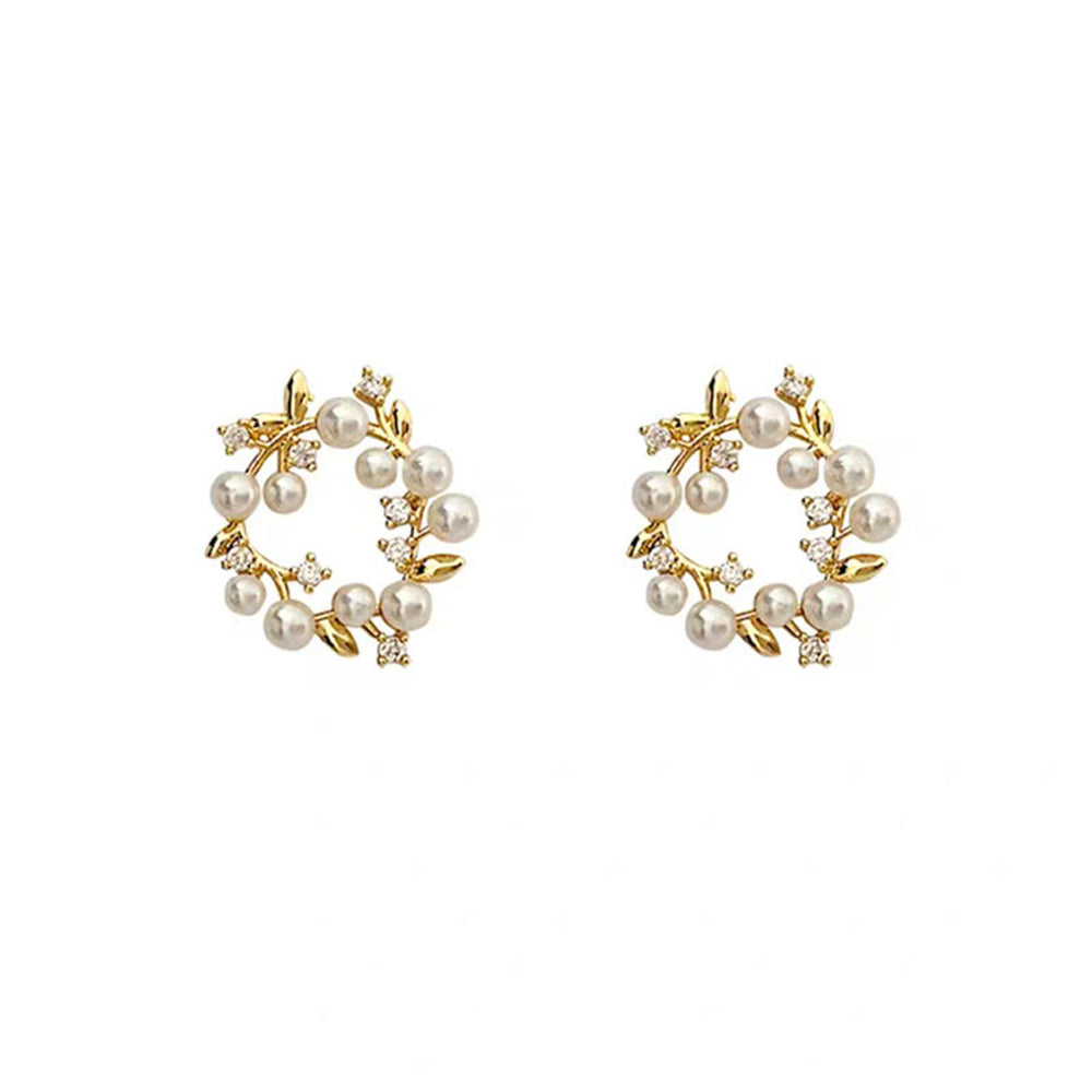 Golden Pearl Leaf Stud Earrings
