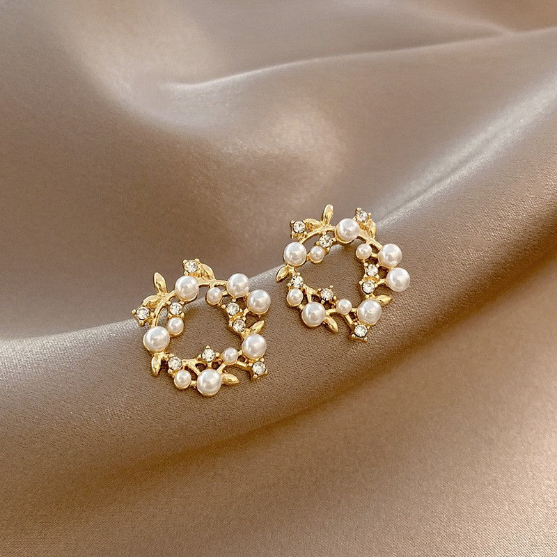 Golden Pearl Leaf Stud Earrings