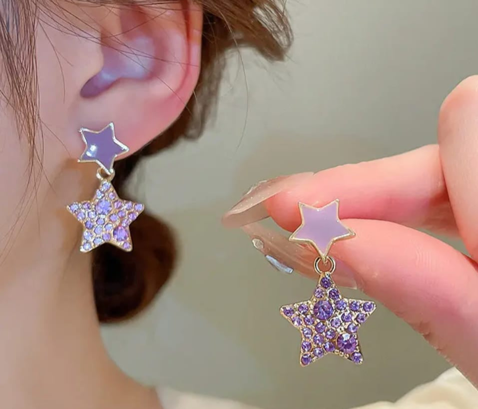 Purple Star Enamel Rhinestone Elegant Earrings Sweet Ear Studs Alloy Jewelry