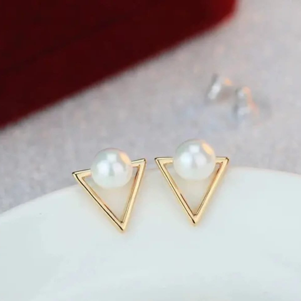 Women Stud Gold Triangle Pearl Earrings