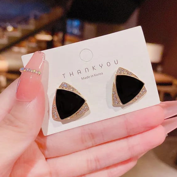 Korean Earrings: Gold Tone Black Drop Earrings with Double Square Crystal Accents
