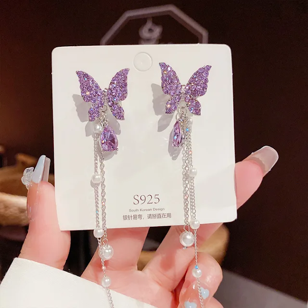 Faux Pearl Drop Rhinestone Butterfly Earrings