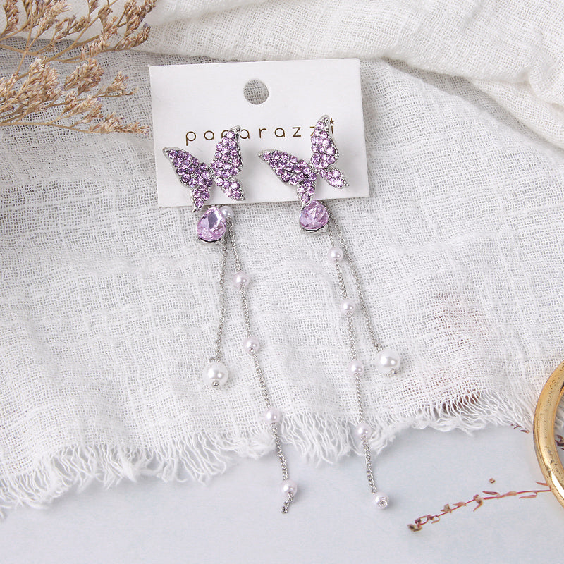 Faux Pearl Drop Rhinestone Butterfly Earrings
