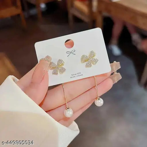 Elegant Gold Bow Pearl Dangle Korean Earrings – Stylish Long Drop Earring