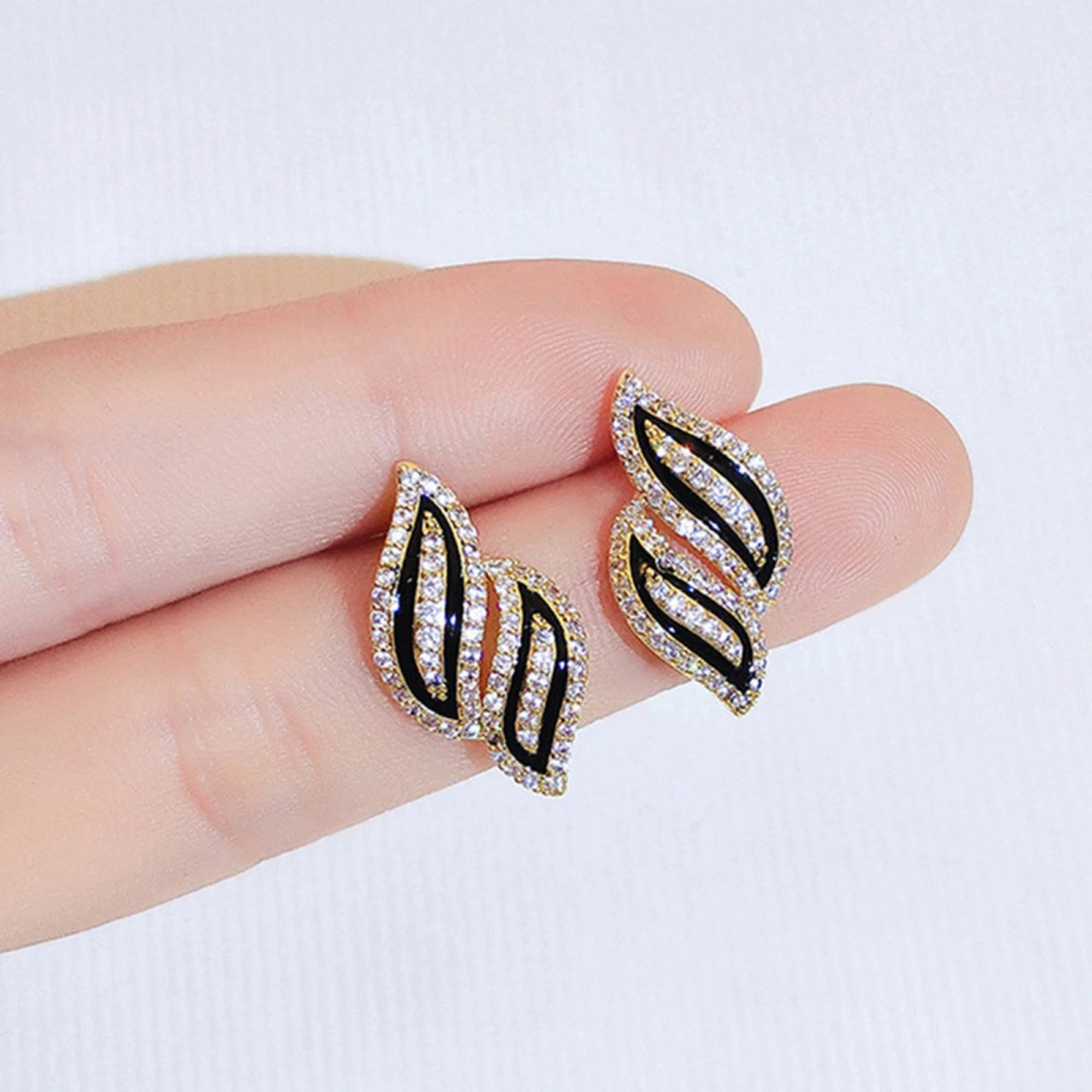 Double Leaf Curvy Full Crystals Stud Earrings