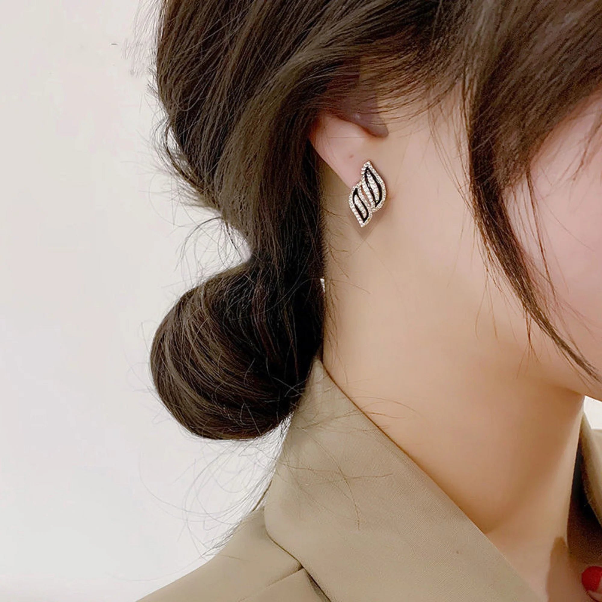 Double Leaf Curvy Full Crystals Stud Earrings