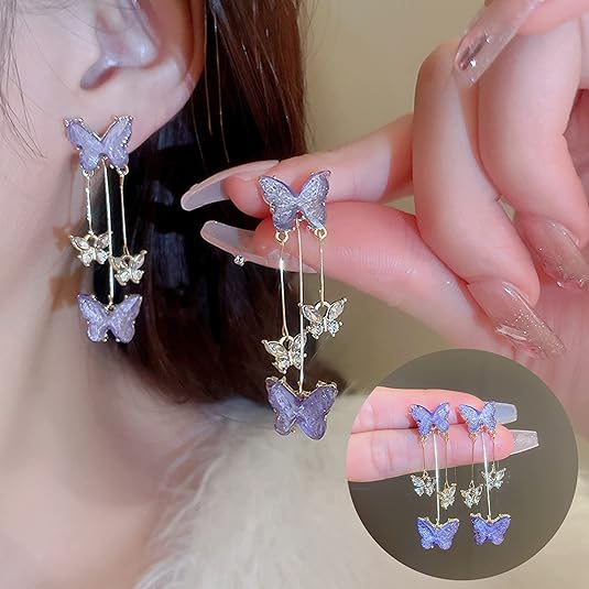 Purple Butterfly Tassel Style Zircon Earrings