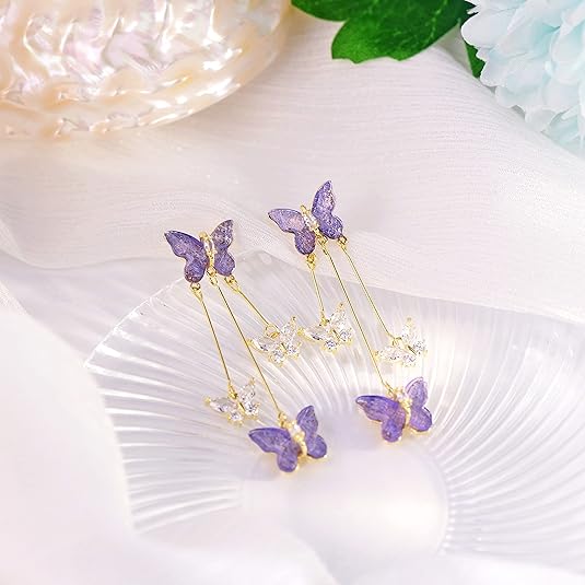 Purple Butterfly Tassel Style Zircon Earrings