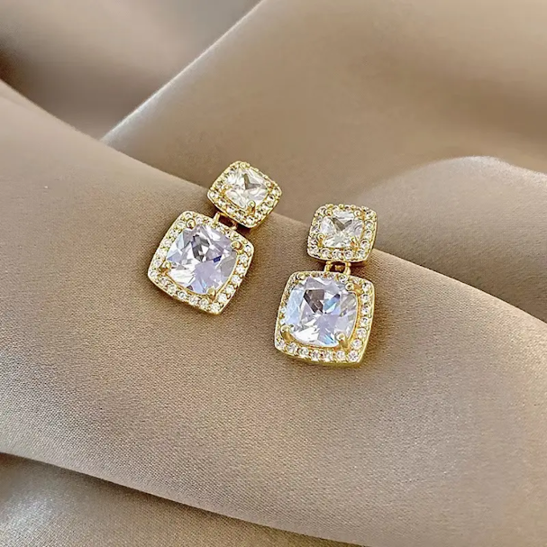 RHINESTONE EARRINGS FOR WOMEN KOREAN STYLE, CUBIC ZIRCONIA GOLD STUDS
