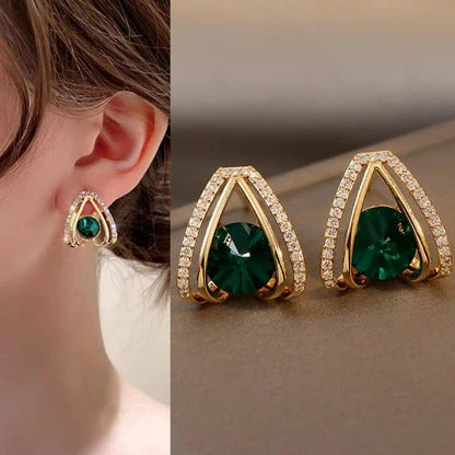 18K Plated Green Stone Stud Earrings