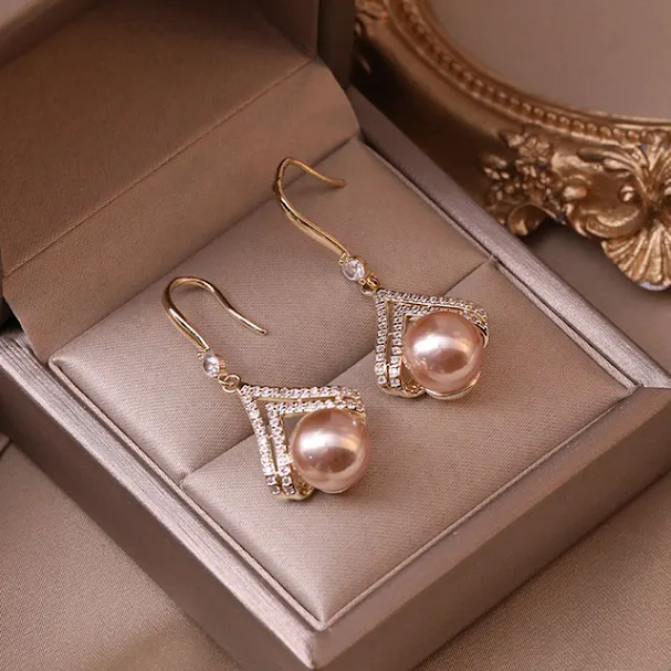 Geometric Shape Drop Earrings with Faux Pearls