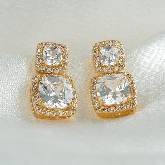 RHINESTONE EARRINGS FOR WOMEN KOREAN STYLE, CUBIC ZIRCONIA GOLD STUDS